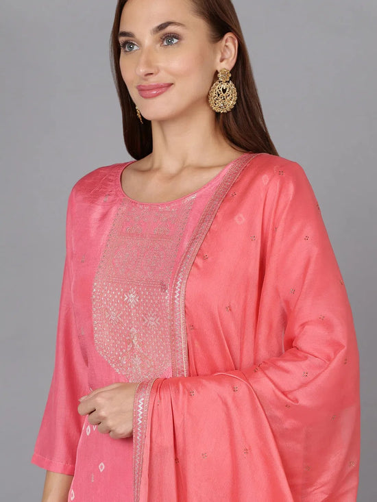 Pink Silk Blend Bandhani Printed Straight Suit