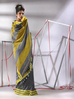 Grey Cotton Saree With Stripe Solid Border-MA55CT06520074