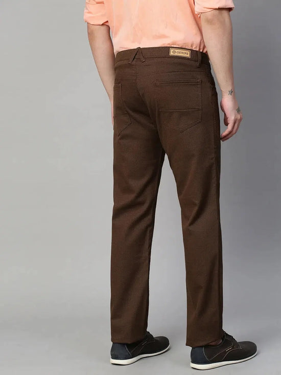 Genips Men's Coffee Cotton Stretch Rico Slim Fit Self Design Casual Chinos