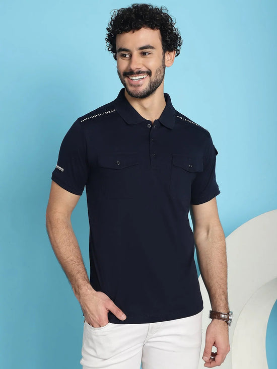 Venitian Men Double Mercerised 3 Pocket Cargo Navy Polo Neck T-Shirt for Men