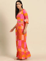 Overlap crop top with flare pyjama set in Pink and Orange Print