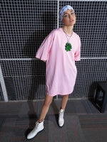 Women Pink Flower Printed Oversized T-Shirt Dress