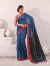 Teal Blue Pure Cotton Saree With Temple Border-MA54CT33440073