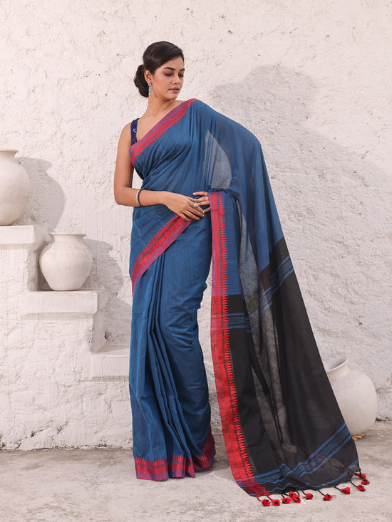 Teal Blue Pure Cotton Saree With Temple Border-MA54CT33440073