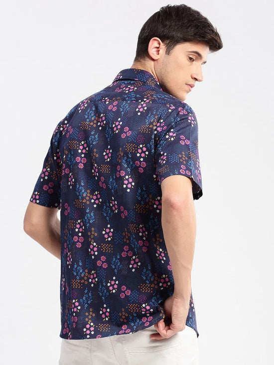 Men Spread Collar Floral Navy Blue Casual Shirt-REVERIE-2112-Navyblue