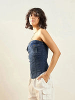 Women Blue Blast Front Pocket Denim Tube Top