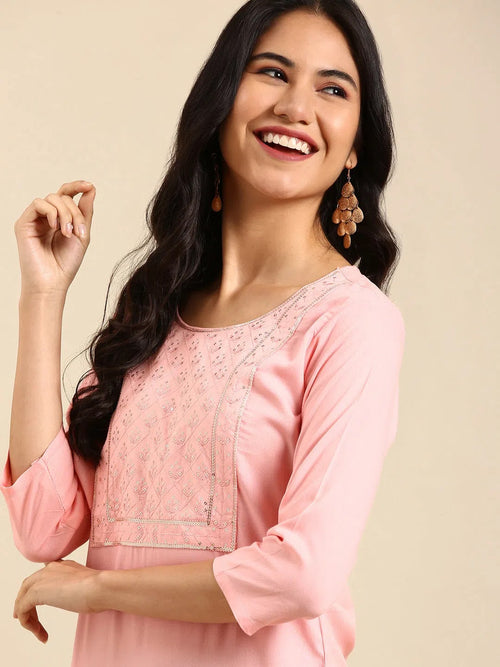 Women's Pink Solid Straight Kurta-NJ-3160222-Peach