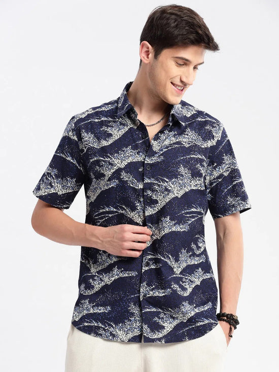 Men Spread Collar Floral Navy Blue Casual Shirt-HARVEN-2312-Navyblue