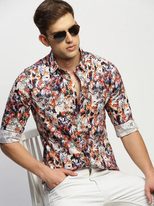 Men White Floral Shirt-PRISM-1696-White