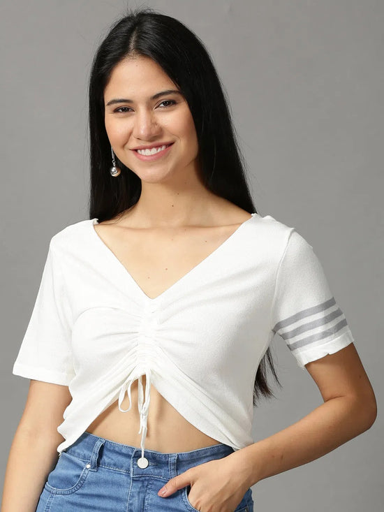 Women's White Solid Fitted Crop Top-GF-N277-White