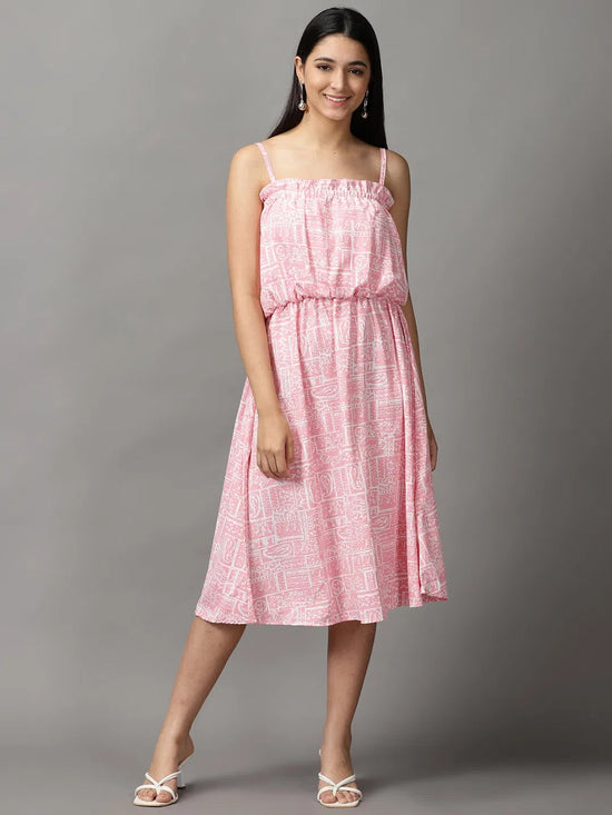 Women's Pink Printed Fit and Flare Dress-AE-15740A-Pink