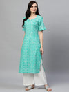 Ahika Women Green Cotton Printed Straight Kurta Palazzo Set