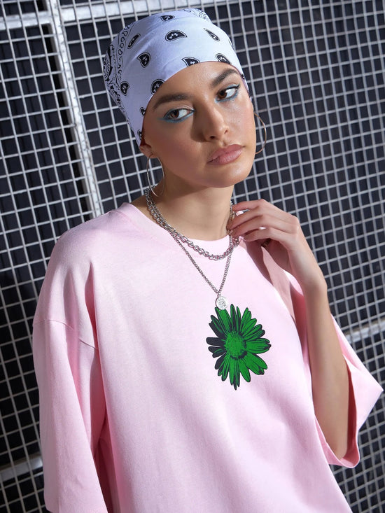 Women Pink Flower Printed Oversized T-Shirt Dress