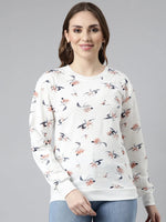 Women White Floral Pullover Sweatshirt-SNC-53-Whitepeach