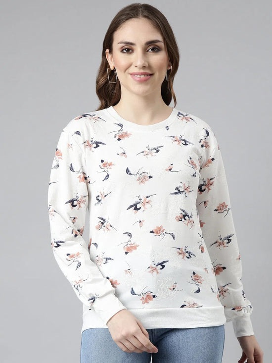 Women White Floral Pullover Sweatshirt-SNC-53-Whitepeach