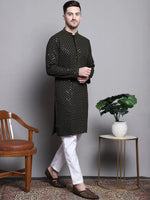 Sequin Embroidered Pure Cotton Kurta with Pyjamas-JOKP-P-5004Mehndi