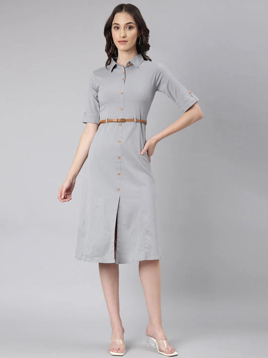 Women Grey Solid Shirt Dress-DF-4698-Lightgrey