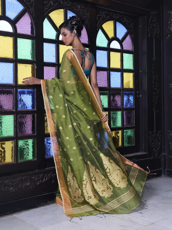 Mahendi Green Cotton Saree With Zari Borders-MA64BCT401190045