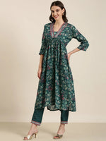 Women Teal Floral Kurta Set-FS-3023-Teal