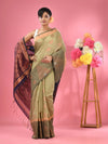 Ecru Cotton Blend Handwoven Saree With Nakshi Designs-MA51BCT431380015