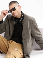 Men Mandarin Collar Olive Solid Bomber Over sized Reversible Jacket-AMG-06-Olive