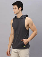 Rigo Dark Grey Hooded With Kangaroo Pocket Sleeveless T-Shirt Vest