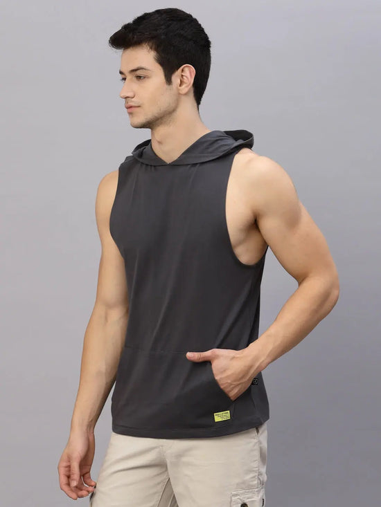 Rigo Dark Grey Hooded With Kangaroo Pocket Sleeveless T-Shirt Vest