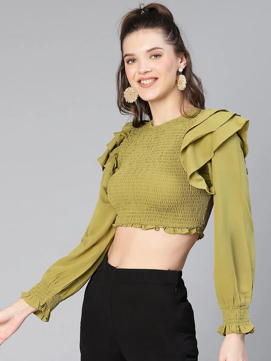 Slant Green Ruffled & Smocked Women Casual Crop Top