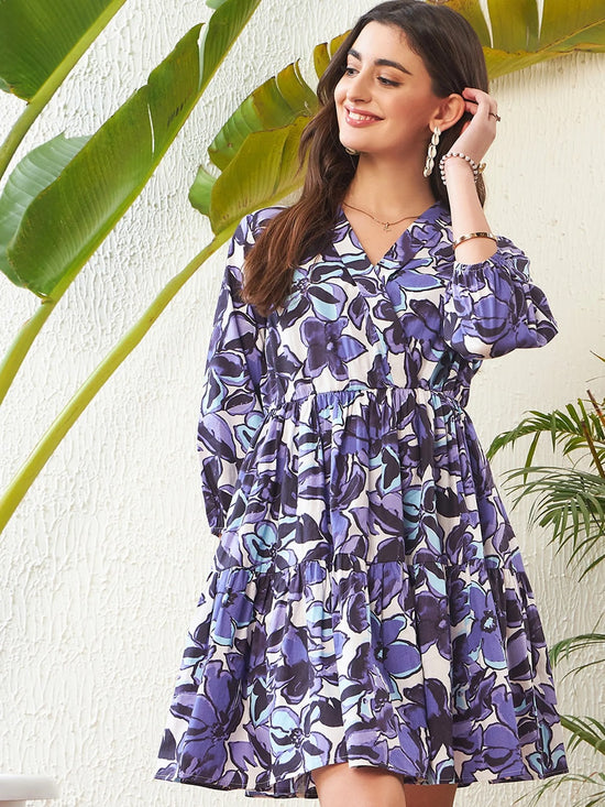 Women Purple Floral Shawl Collar Tiered Dress