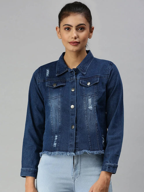 Women's Blue Solid Denim Jacket Jackets-AE-999153-Navyblue