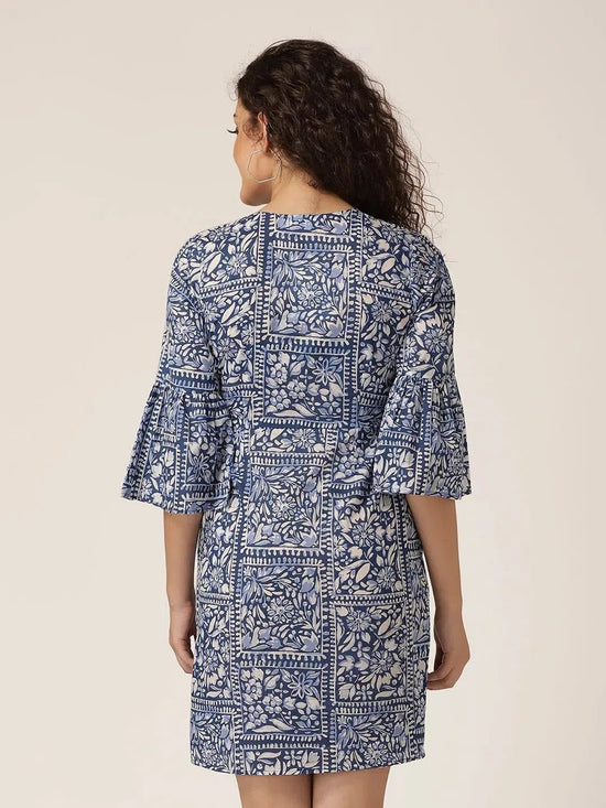 Bell sleeve overlap shift dress in Blue Print