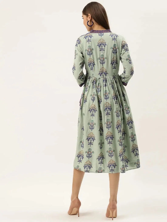 Printed Midi dress with mock waistcoat in pista green