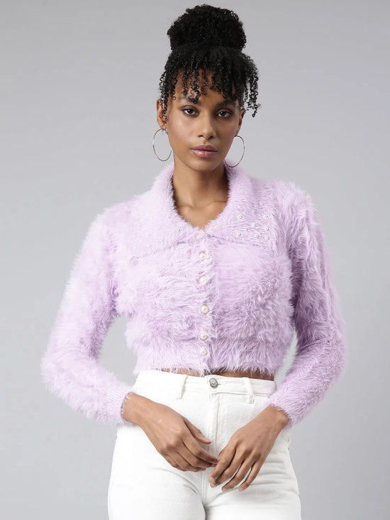 Women Solid Lavender Crop Cardigan-CHN-5240-Lavender