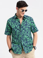 Men Spread Collar Abstract Green Casual Shirt-HARVEN-2310-Green