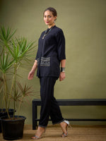 Women Black Embroidered Pocket Shirt With Palazzos