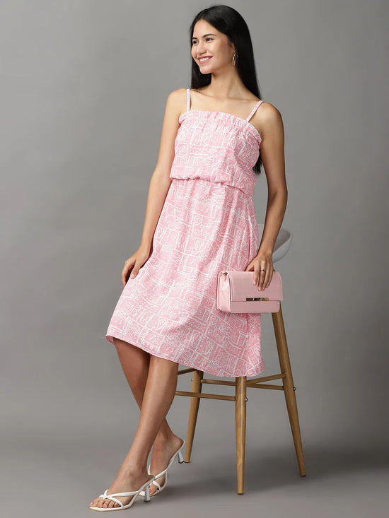 Women's Pink Printed Fit and Flare Dress-AE-15740-Pink