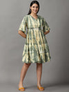 Women's Green Tie Dye Fit and Flare Dress-GW-3290-Olive