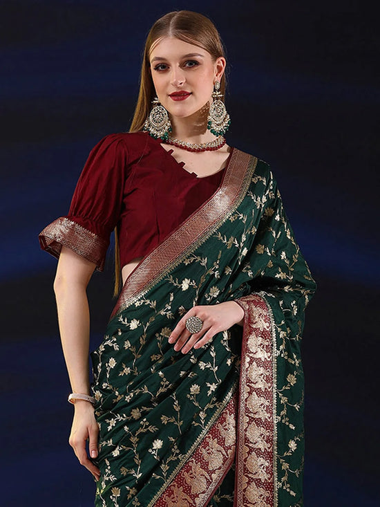 Saree Mall Women's  Blend Dark Green Woven Design Designer Saree With Blouse Piece-SGITRIUS03B