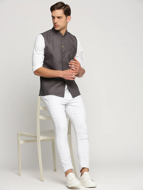 Men Grey Mandarin Collar Solid Nehru Jacket-AK-51340-19-Grey