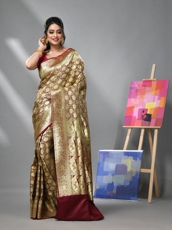 Cordovan Maroon Silk Banarasi Saree With Zari Woven Floral And Paisley Designs-MA52BSL441050022