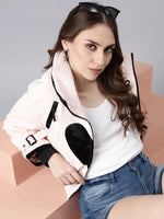 Women Solid Peach Crop Puffer Jacket-6402-Peach