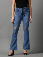 Women's Blue Solid Bootcut Denim Jeans-GZ-5273-2-Blue