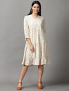 Women's Cream Floral Fit and Flare Dress-KG-4098-Cream