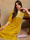 Ahika Women Yellow Silk Blend Embroidered A-Line Kurta Pant Set