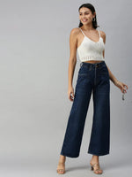 Women's Navy Blue Solid Denim Wide Leg Jeans-GZ5042-Navyblue