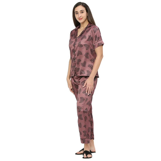 Smarty Pants Women's Silk Satin Chocolate Color Paw Print Night Suit