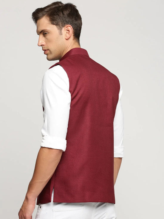 Men Maroon Mandarin Collar Solid Nehru Jacket-AK-51340-21-Maroon