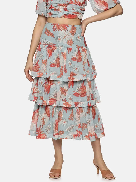 Floral Light Blue Tiered Skirt-17376