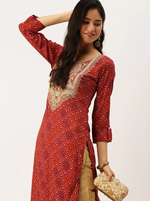 Women's Red Printed Straight Kurtas-AT-A418-K-Red