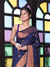 Navy Blue Cotton Saree With Zari Borders-MA64BCT401190047